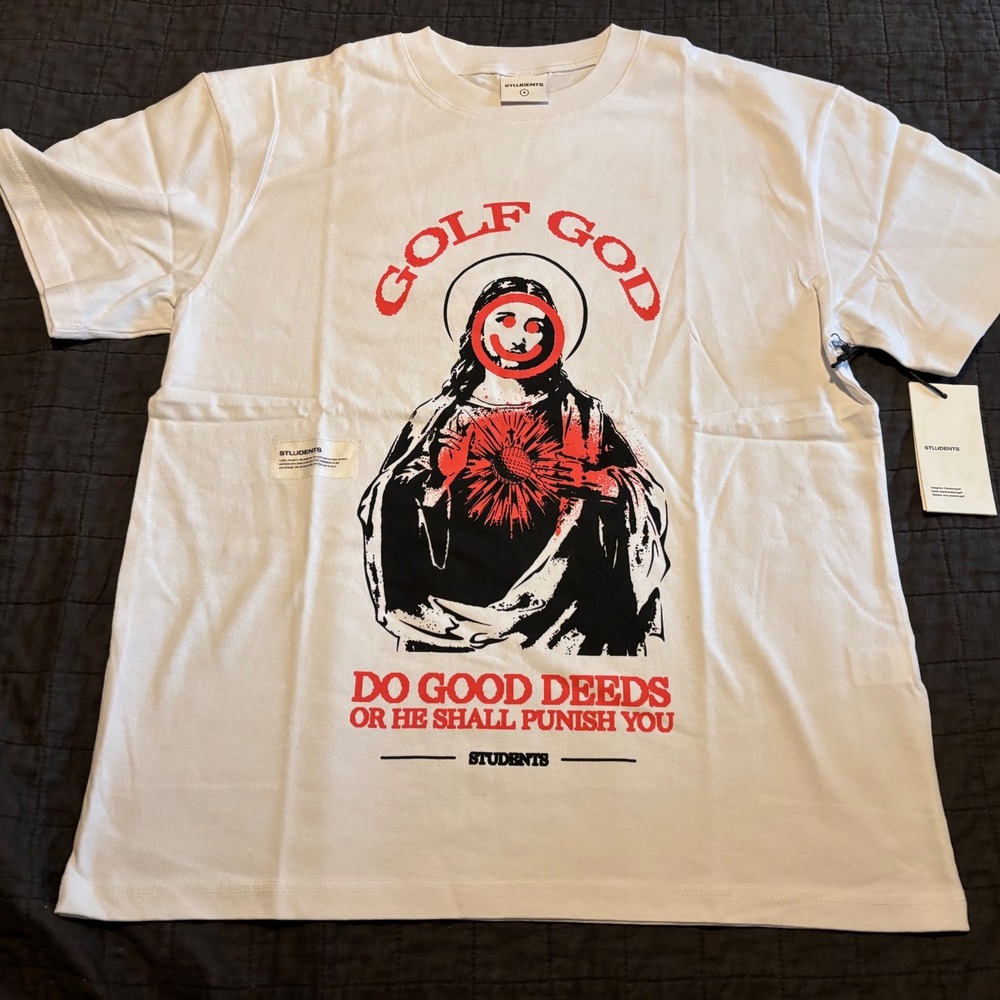 STUDENTS Golf God Graphic T-Shirt‎ White Religious Tee